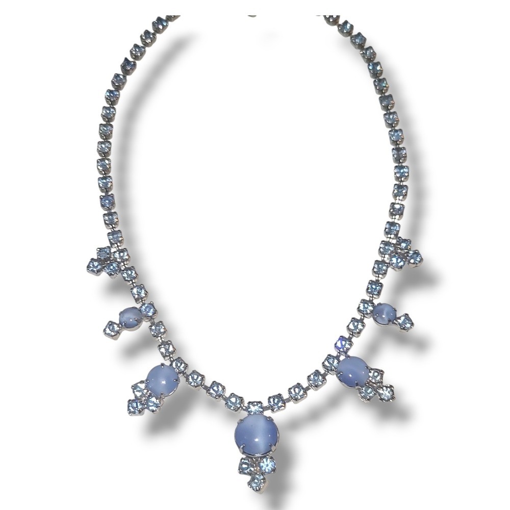 1950s Blue Moonstone Rhinestone Necklace Silver Tone 15in Vintage Unsigned